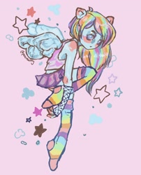 Size: 2992x3700 | Tagged: safe, artist:perovskitty, derpibooru import, rainbow dash, human, equestria girls, g4, clothes, pink background, rainbow socks, simple background, socks, solo, stocking feet, stockings, striped socks, thigh highs