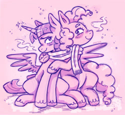 Size: 1966x1811 | Tagged: safe, artist:hecctwo, derpibooru import, pinkie pie, twilight sparkle, twilight sparkle (alicorn), alicorn, earth pony, pony, g4, blushing, clothes, cute, diapinkes, duo, female, happy, hug, lesbian, scarf, shared clothing, shared scarf, shipping, sitting, smiling, sparkles, spread wings, striped scarf, twiabetes, twinkie, wings