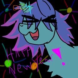 Size: 1280x1280 | Tagged: safe, artist:trixeswagon, derpibooru import, oc, oc only, unicorn, 2024, agender, fireworks, happy new year, holiday, horn, solo, unicorn oc, xd