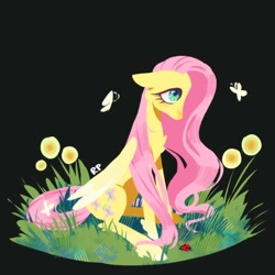 Size: 1080x1080 | Tagged: safe, artist:ksghracpav, derpibooru import, fluttershy, butterfly, insect, ladybug, pegasus, pony, g4, black background, feathered fetlocks, female, flower, folded wings, grass, looking up, mare, simple background, sitting, solo, wavy mane, wings