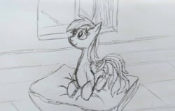 Size: 3067x1952 | Tagged: safe, artist:dhm, derpibooru import, rainbow dash, pegasus, g4, comfy, house, monochrome, pillow, sketch, solo, traditional art