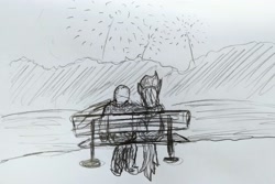 Size: 2625x1758 | Tagged: safe, derpibooru import, rainbow dash, oc, oc:anon, bench, fireworks, monochrome, park, park bench, romantic, sketch, traditional art