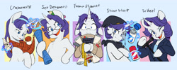 Size: 6880x2744 | Tagged: safe, artist:chub-wub, derpibooru import, rarity, pony, semi-anthro, unicorn, g4, alternate hairstyle, alternate universe, arm hooves, bandana, beanie, bipedal, blueprint, book, clothes, commonity, crochet, crochet hook, crossed arms, cute, ear piercing, earring, ears, eyebrows, eyeshadow, female, floppy ears, glasses, glasses chain, glowing, glowing horn, hairband, hat, horn, human shoulders, jacket, jewelry, knitting, levitation, lidded eyes, magic, magic aura, makeup, mare, measuring tape, microphone, multeity, one eye closed, open mouth, open smile, passepartout, pen, pencil, personality swap, piercing, pincushion, plushie, raised eyebrow, raribetes, ruler, scarf, shirt, sketchbook, smiling, solo, spool, spray can, spray paint, suit, sweater, telekinesis, turtleneck, wink
