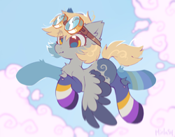 Size: 2048x1602 | Tagged: safe, artist:mirtash, derpibooru import, derpy hooves, pegasus, pony, g4, alternate hairstyle, alternate name, alternate universe, chest fluff, clothes, cloud, coat markings, cute, derpabetes, ear fluff, ears, eye clipping through hair, flying, goggles, goggles on head, nonbinary, nonbinary pride flag, outdoors, pride, pride flag, pride socks, redesign, sky, socks, solo, spread wings, striped socks, striped underwear, underwear, wings