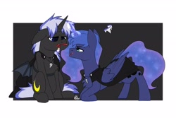 Size: 3000x2000 | Tagged: safe, artist:lionbun, derpibooru import, princess luna, oc, oc:night shadow, alicorn, unicorn, g4, canon x oc, horn, ship:lunadow, unicorn oc