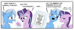 Size: 4000x1611 | Tagged: safe, artist:chopsticks, derpibooru import, starlight glimmer, trixie, pony, unicorn, g4, cheek fluff, chest fluff, comic, dialogue, duo, ear fluff, ears, female, floppy ears, hearth's warming, magic, magic aura, mare, open mouth, present, simple background, starlight glimmer is not amused, telekinesis, text, unamused, white background