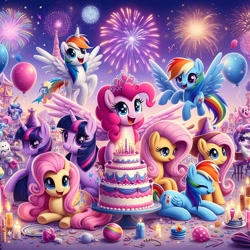 Size: 1024x1024 | Tagged: safe, ai content, derpibooru import, generator:dall-e 3, machine learning generated, fluttershy, pinkie pie, rainbow dash, twilight sparkle, pegasus, pony, unicorn, g4, female, happy new year, holiday, mare, prompter:princessoflovepinkyt