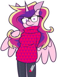 Size: 4928x6672 | Tagged: safe, artist:threetwotwo32232, derpibooru import, princess cadance, alicorn, anthro, g4, clothes, female, glasses, looking at you, mare, simple background, solo, sweater, transparent background