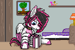 Size: 928x616 | Tagged: safe, artist:damset, derpibooru import, applejack, pinkie pie, oc, oc only, oc:lunylin, pegasus, bed, closet, collar, female, gift art, happy birthday, hidden, mare, ms paint, picture, picture frame, pixel art, present, statuette