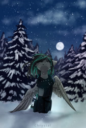 Size: 1378x2039 | Tagged: safe, artist:chrystal_company, derpibooru exclusive, derpibooru import, oc, oc only, oc:lumishade, pegasus, clothes, cloud, female, looking up, moon, night, one eye closed, scarf, secret santa, snow, snowfall, snowflake, solo, standing, stars, stockings, thigh highs, tree