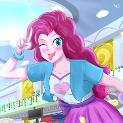 Size: 3000x3000 | Tagged: safe, artist:leikokun, derpibooru import, pinkie pie, human, equestria girls, g4, ;p, canterlot mall, female, looking at you, one eye closed, open mouth, open smile, peace sign, screencap background, smiling, solo, tongue, tongue out, wink, winking at you