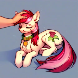 Size: 4096x4096 | Tagged: safe, ai content, derpibooru import, generator:purplesmart.ai, generator:stable diffusion, machine learning generated, roseluck, earth pony, human, pony, g4, absurd resolution, behaving like a cat, chest fluff, collar, cute, ear fluff, ears, eyes closed, female, female focus, fluffy, hand, human on pony petting, lying down, mare, offscreen character, offscreen human, pet tag, petting, pony pet, prompter:doom9454, rosepet, solo focus