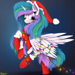 Size: 4000x4000 | Tagged: safe, artist:ser-p, derpibooru import, princess celestia, alicorn, pony, g4, absurd resolution, christmas, christmas lights, clothes, dress, holiday, solo