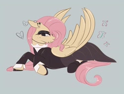 Size: 4096x3094 | Tagged: safe, artist:jezebel_remedy, derpibooru import, fluttershy, butterfly, pegasus, pony, g4, ears, female, floppy ears, fluttergoth, gray background, heart, lidded eyes, lying down, mare, prone, simple background, solo