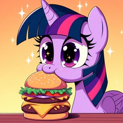 Size: 1024x1024 | Tagged: safe, ai content, derpibooru import, generator:dall-e 3, machine learning generated, twilight sparkle, twilight sparkle (alicorn), alicorn, pony, g4, aweeg*, burger, carnivore, cheeseburger, cute, eating, female, food, hamburger, mare, nom, prompter needed, puffy cheeks, solo, starry eyes, that pony sure does love burgers, twiabetes, wingding eyes