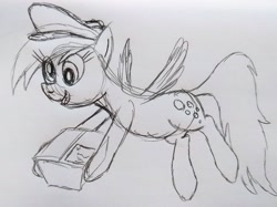 Size: 3323x2480 | Tagged: safe, artist:dhm, derpibooru import, derpy hooves, pony, g4, box, mailmare, monochrome, package, sketch, solo, traditional art