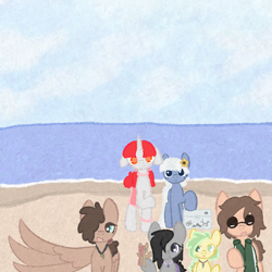 Size: 1020x1020 | Tagged: safe, artist:castafae, derpibooru import, oc, oc only, oc:albatross, oc:easel, oc:gray garden, oc:greenie, oc:radio, oc:reign, oc:snowy, earth pony, pegasus, pony, unicorn, beach, blushing, clothes, cooler, female, group, group photo, hair over one eye, lidded eyes, looking at you, mare, smiling, spread wings, sunglasses, tiny, tiny ponies, wingding eyes, wings