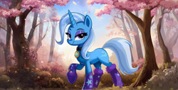 Size: 2560x1296 | Tagged: safe, ai content, derpibooru import, generator:pony diffusion v5, machine learning generated, trixie, pony, unicorn, g4, boots, bush, collar, eyeshadow, female, forest, head turn, jewelry, legwear, looking at you, makeup, mare, nature, necklace, outdoors, prompter:saphkey, scenery, shoes, side view, smiling, smiling at you, solo, tree, wallpaper