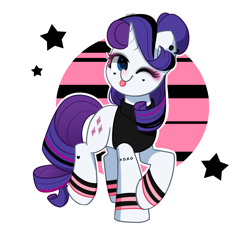 Size: 3464x3243 | Tagged: safe, artist:kittyrosie, derpibooru import, rarity, pony, unicorn, g4, :p, alternate hairstyle, clothes, cute, ear piercing, earring, eyeshadow, female, goth, heart, jewelry, makeup, mare, one eye closed, piercing, raised hoof, raised leg, raribetes, simple background, solo, tanktop, tattoo, tongue, tongue out, white background, wink, wristband