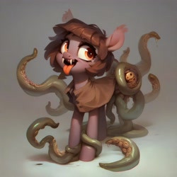 Size: 4096x4096 | Tagged: safe, ai content, derpibooru import, generator:purplesmart.ai, generator:stable diffusion, machine learning generated, oc, oc only, oc:thingpone, adoracreepy, big ears, brown coat, brown mane, creepy, cute, ear fluff, ears, fangs, female, gray background, looking sideways, open mouth, orange eyes, short mane, simple background, solo, tentacles, tongue, tongue out