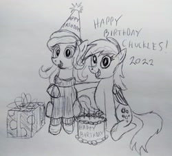 Size: 3240x2953 | Tagged: safe, artist:dhm, derpibooru import, derpy hooves, oc, oc:chuckles, pony, birthday, cake, candle, food, gift art, monochrome, sketch, traditional art
