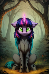 Size: 2048x3072 | Tagged: safe, ai content, derpibooru import, generator:easyfluff v11.2, generator:stable diffusion, machine learning generated, twilight sparkle, unicorn twilight, changeling, pony, unicorn, g4, changelingified, cheek fluff, chest fluff, ear fluff, ears, female, floppy ears, forest, green eyes, mare, mid-transformation, nature, shocked, solo, species swap, transformation, tree, twiling