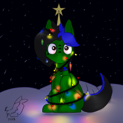 Size: 2000x2000 | Tagged: safe, artist:endelthepegasus, derpibooru import, oc, oc only, oc:endel frostlion, pegasus, chest fluff, christmas, christmas lights, christmas tree, collar, holiday, looking at you, male, sitting, solo, tree