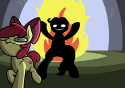 Size: 2048x1448 | Tagged: safe, artist:ewoudcponies, derpibooru import, apple bloom, applejack, earth pony, pony, g4, explosion, female, filly, fire, foal, mare, some mares just want to watch the world burn