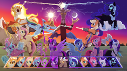 Size: 1920x1080 | Tagged: safe, artist:willoillo, derpibooru import, applejack, daybreaker, discord, fluttershy, minuette, nightmare moon, philomena, pinkie pie, rainbow dash, rarity, spike, trixie, twilight sparkle, twilight sparkle (alicorn), alicorn, draconequus, dragon, earth pony, pegasus, phoenix, pony, unicorn, g4, alicornified, alternate cutie mark, armor, axe, battle axe, beam struggle, book, cape, closed mouth, clothes, cloud, colored hooves, commission, crescent moon, dress, emotes, ethereal hair, ethereal mane, ethereal tail, evil grin, fangs, female, fiery mane, fiery tail, flying, folded wings, grin, hat, helmet, hoof shoes, jetpack, levitation, lying down, lying on a cloud, magic, magic aura, male, mane seven, mane six, mare, minuetticorn, missile, moon, on a cloud, open mouth, open smile, peytral, princess shoes, race swap, rocket launcher, smiling, spear, spread wings, standing, starry mane, starry tail, sun, sunset, sword, tail, tanktop, telekinesis, trixie's cape, trixie's hat, unshorn fetlocks, weapon, wing armor, winged spike, wings