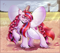 Size: 2560x2276 | Tagged: safe, artist:rozzyro, derpibooru import, oc, oc only, butterfly, hybrid, pegasus, pony, angry, background, baseball bat, butterfly wings, chest fluff, cloud, day, ear fluff, ears, ears back, female, field, fluffy, full body, hooves, nails, pigtails, pink body, pink eyes, rear view, red hair, sand, shading, shadow, sky, solo, steam, sunshine, wasteland, wings