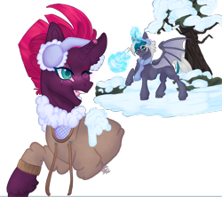 Size: 2325x2063 | Tagged: safe, artist:nightbootypaw, derpibooru import, tempest shadow, oc, oc:elizabat stormfeather, alicorn, bat pony, bat pony alicorn, pony, unicorn, g4, alicorn oc, bat pony oc, bat wings, blushing, broken horn, bush, canon x oc, clothes, commission, curved horn, cute, duo, earmuffs, eye scar, facial scar, female, glowing, glowing horn, horn, jacket, lesbian, magic, mare, one eye closed, open mouth, scar, scarf, shipping, simple background, snow, snowball, snowball fight, stormshadow, tempestbetes, transparent background, tree, unshorn fetlocks, wings, winter, ych result