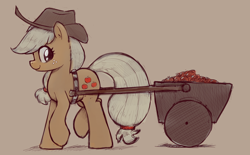 Size: 1894x1173 | Tagged: safe, artist:whiskeypanda, derpibooru import, applejack, earth pony, pony, g4, apple, applejack's hat, cart, clothes, cowboy hat, doodle, food, hat, looking back, pulling, sketch, solo, stetson, walking