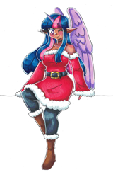Size: 1862x2902 | Tagged: safe, artist:mylittleyuri, derpibooru import, twilight sparkle, human, g4, bare shoulders, boots, breasts, christmas, clothes, colored pencil drawing, costume, dress, elf ears, female, headlight sparkle, high res, holiday, horn, horned humanization, humanized, leggings, looking at you, moderate dark skin, one eye closed, santa costume, santa dress, shoes, simple background, smiling, smiling at you, solo, traditional art, white background, winged humanization, wings, wink, winking at you
