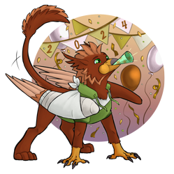 Size: 3117x3134 | Tagged: safe, artist:jeshh, derpibooru import, oc, oc only, oc:pavlos, griffon, balloon, bandage, broken bone, broken wing, cast, claws, colored wings, confetti, eared griffon, griffon oc, happy new year, holiday, injured, one wing out, party horn, paw pads, paws, simple background, sling, solo, transparent background, underpaw, wings