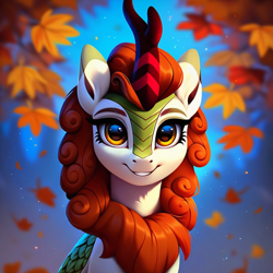 Size: 1024x1024 | Tagged: safe, ai content, derpibooru exclusive, derpibooru import, generator:pony diffusion v6 xl, generator:purplesmart.ai, generator:stable diffusion, machine learning generated, autumn blaze, kirin, autumn leaves, bust, detailed, female, happy, leaves, looking at you, night, portrait, prompter needed, smiling, smiling at you, solo