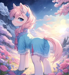 Size: 768x832 | Tagged: safe, ai content, derpibooru import, generator:stable diffusion, machine learning generated, earth pony, pony, blue dress, blue eyes, blushing, butt, clothes, dress, female, flower, head turn, looking at you, looking back, looking back at you, mare, outdoors, pink mane, pink pony, plot, prompter:panzglard, rear view, side view, smiling, smiling at you, solo