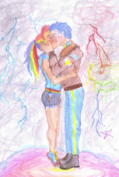 Size: 827x1222 | Tagged: safe, artist:magmamagda, derpibooru import, rainbow dash, soarin', human, female, humanized, kiss on the lips, kissing, male, shipping, soarindash, straight, traditional art