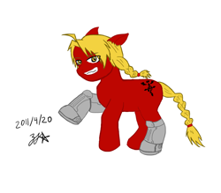 Size: 800x700 | Tagged: dead source, safe, artist:zjg, derpibooru import, earth pony, pony, 2011, amputee, anime, crossover, cybernetic legs, edward elric, fullmetal alchemist, grin, looking at you, male, ponified, prosthetic leg, prosthetic limb, prosthetics, rule 85, simple background, smiling, solo, species swap, stallion, tail, white background