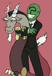 Size: 1597x2333 | Tagged: safe, artist:theedgyduck, derpibooru import, discord, oc, oc:anon, draconequus, human, g4, clothes, duo, holding a draconequus, hug, male, question mark, simple background, suit