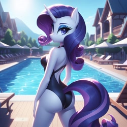 Size: 1024x1024 | Tagged: source needed, safe, ai content, derpibooru import, generator:bing image creator, generator:dall-e 3, machine learning generated, rarity, anthro, unicorn, g4, ass, black swimsuit, butt, clothes, eyeshadow, female, looking at you, looking back, looking back at you, makeup, missing cutie mark, one-piece swimsuit, outdoors, prompter needed, rearity, sexy, smiling, smiling at you, solo, standing, stupid sexy rarity, swimming pool, swimsuit, umbrella, water