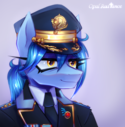 Size: 2450x2485 | Tagged: safe, artist:opal_radiance, derpibooru import, oc, oc only, oc:blue bolt, anthro, pegasus, anthro oc, clothes, female, gradient background, high res, pegasus oc, signature, smiling, solo, uniform