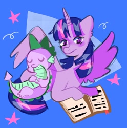 Size: 1080x1087 | Tagged: safe, artist:coc0pepper, derpibooru import, spike, twilight sparkle, twilight sparkle (alicorn), alicorn, dragon, pony, blue background, book, cute, duo, female, lying down, mama twilight, mare, prone, reading, simple background, sleeping, squiggles, stars