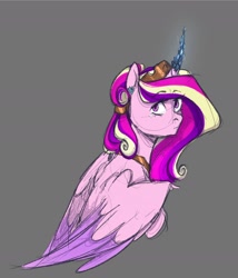 Size: 1684x1965 | Tagged: safe, artist:stellardoodles, derpibooru import, princess cadance, alicorn, pony, alternate hairstyle, crown, crystal horn, female, gray background, horn, jewelry, looking back, mare, regalia, simple background, solo