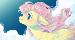 Size: 2048x1096 | Tagged: safe, artist:dorry, derpibooru import, fluttershy, pegasus, pony, blushing, bust, cloud, ear blush, ears back, female, looking up, mare, sky, smiling, solo, windswept mane