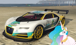 Size: 1003x593 | Tagged: safe, artist:didgereethebrony, derpibooru import, part of a set, princess celestia, alicorn, pony, 1000 years in photoshop, car, frown, game screencap, grand theft auto, gta online, solo, truffade nero custom