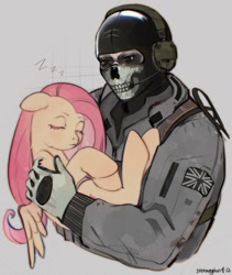 Size: 1530x1817 | Tagged: safe, artist:siennaghost, derpibooru import, fluttershy, human, pegasus, pony, call of duty, call of duty: modern warfare 2, clothes, crossover, cute, duo, duo male and female, female, gray background, holding a pony, male, mare, military uniform, onomatopoeia, shyabetes, simple background, sound effects, uniform, zzz