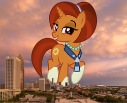 Size: 1875x1524 | Tagged: safe, artist:cheezedoodle96, derpibooru import, edit, editor:jaredking779, stellar flare, pony, unicorn, g4, atlanta, attack on pony, coat markings, female, georgia (state), giant pony, giantess, grin, highrise ponies, irl, jewelry, looking at you, macro, mare, necklace, pearl necklace, photo, ponies in real life, raised hoof, raised leg, red eyes, smiling, socks (coat marking), solo, story included