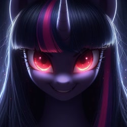 Size: 1024x1024 | Tagged: safe, ai content, derpibooru import, generator:bing image creator, generator:dall-e 3, machine learning generated, twilight sparkle, g4, dark, evil, evil grin, glowing, glowing eyes, grin, looking at you, prompter:enterusxrname, red eyes, smiling, solo