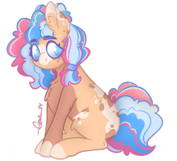 Size: 1472x1336 | Tagged: safe, artist:trashpanda czar, derpibooru import, oc, oc only, oc:cotton candy, earth pony, body markings, chest fluff, ear fluff, ears, female, hair tie, looking at you, mare, poofy mane, simple background, sitting, transparent background