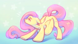Size: 4096x2304 | Tagged: safe, artist:amishy, derpibooru import, fluttershy, pegasus, pony, abstract background, blush lines, blushing, cute, ears, emanata, eyes closed, female, floppy ears, high res, mare, shyabetes, solo, stretching